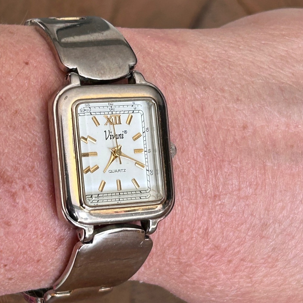 Vivani‎ Women Silver Tone Rectangular Quartz Watch HC127 Gold Accents Link Band